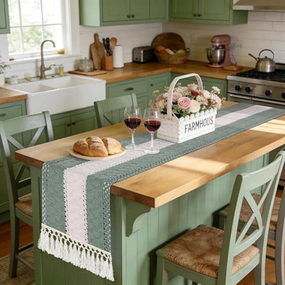 72" Sage Green Table Runner, Boho Woven Cotton with Tassels, Wedding - color: Sage Green, size: 72 inches