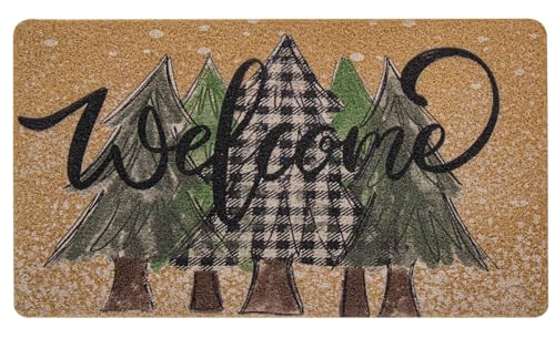 Christmas-Welcome-Doormat-Winter-Outdoor - Snowflake-Pine-Mat-Home-Decor | 30x17 in artificial coir door mat with backing Non-slip,great for winter holiday home outdoor front door decor - color: Welcome and Pine