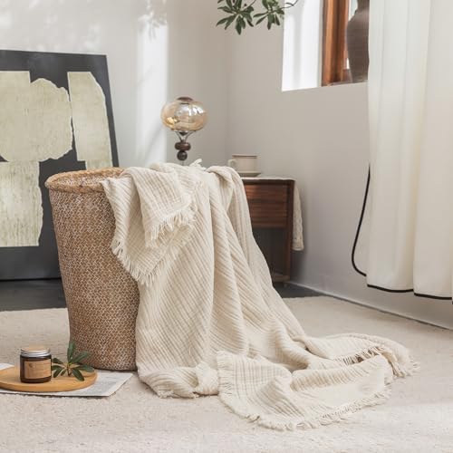FOSSA Muslin Blanket 4-Layer 100% Cotton Gauze Blanket with Fringe 50"x70" | Super Soft Breathable Lightweight All Season & Decforative Blanket for Bed, Sofa, Office - color: Beige, size: Throw XL (50" × 70")