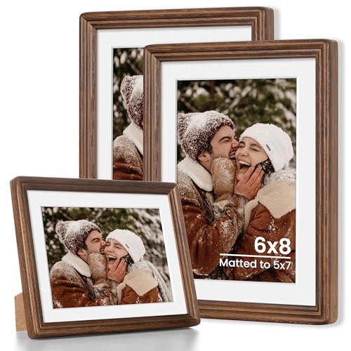 6x8 Natural Solid Oak Wood Picture Frame with 5x7 Mat, Premium Rustic Wooden Photo Frames with Plexiglass, Poster Photo Frame Suitable for Gallery Wall Mount or Tabletop, Walnut, 3 Packs - color: Walnut, size: 6x8-3P