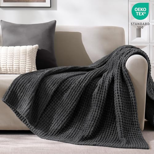 PHF Chenille Waffle Knit Throw Blanket- Plush Warm & Cozy 50" x 60" Ultra Soft Blanket- Chunky Fluffy Waffle Throws for Couch Bed Sofa - Charcoal Grey - color: Charcoal, size: Throw(50"X60")
