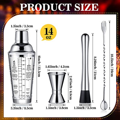 Rtteri 4 Pcs Cocktail Shaker Set 14 oz Martini Glass Shaker Cup Stainless Steel Drink Shaker Tool Margarita Bartender Kit Cocktail Mixers with Measuring Jigger Mixing Spoon for Bar