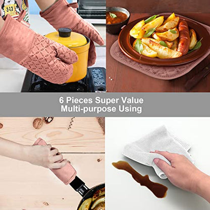 KEGOUU Oven Mitts and Pot Holders 6pcs Set, Kitchen Oven Glove High Heat Resistant 500 Degree Extra Long Oven Mitts and Potholder with Non-Slip Silicone Surface for Cooking (Pink) - color: Pink