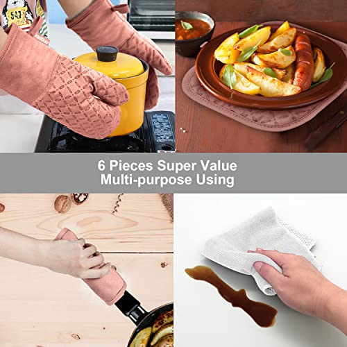 KEGOUU Oven Mitts and Pot Holders 6pcs Set, Kitchen Oven Glove High Heat Resistant 500 Degree Extra Long Oven Mitts and Potholder with Non-Slip Silicone Surface for Cooking (Pink) - color: Pink