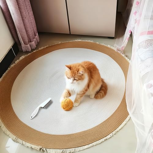 Cat Rug,Premium Cotton Rope Area Rug for Cats,Washable Round Vintage Reversible Woven Tassel Rug,Easy Clean,Soft and Stylish Home Accent,Multiple Sizes (White/Tan, 18inch) - color: White/Tan, size: 18inch