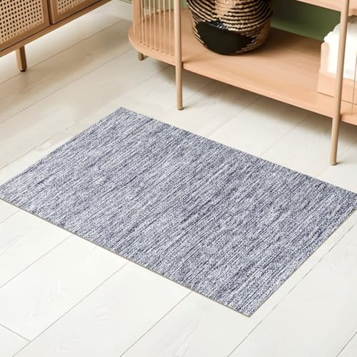 100% Cotton Area Rug, Blue, 2x3 Ft | Hand Woven, Non-slip Rustic Farmhouse Bohemian Accent Rug for Living Room, Bedroom, Kitchen Or Entryway Floors - color: Blue, size: 2'x3'