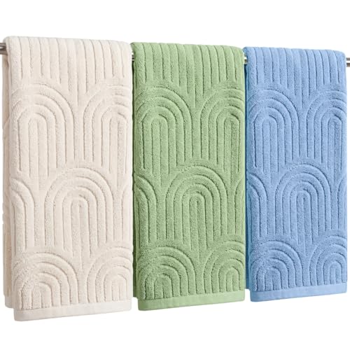 Tegeme 3 Pcs Hand Towel for Bathroom Boho Sage Green Arch Striped Hand Towels 15.4'' x 28.3'' 100% Cotton Soft Absorbent Decorative Towel White Blue Bath Decor for Kitchen Hotel Spa Salon Gift - color: White, Sage Green, Blue