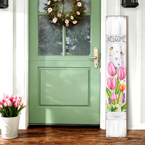 Spring Flower Welcome Porch Sign, White Wooden Sign for Front Porch, Pink Tulip Sign Yard, Floral Vertical Wood Sign Standing for Patio Front Door Porch, Spring Summer Holiday Home Party Entryway Yard Wall Decor Indoor Outdoor, 47x8 inch - style: Pink Tul