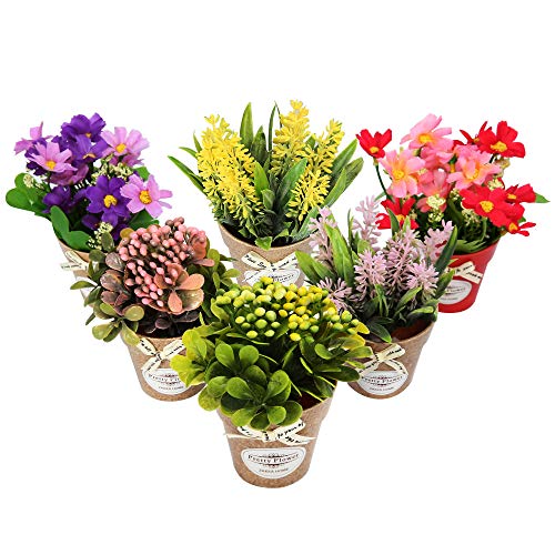 LUEUR Set of 6 Potted Artificial Flowers Fake Flowers with Vase Faux Flowers in Pot, Spring Decor for Home Office Floral Arrangement for Table Dinning Room Decoration Shelf Decor | Small Faux Flowers For Spring Summer Decor, Home Office Floral Arrangement