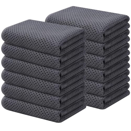 Kitinjoy 100% Cotton Waffle 12-Pack Kitchen Towels, 13" x 28", Dark Grey | Super Soft, Ultra-Absorbent, Fast Drying, lightweight, Quick Drying Kitchen Hand Towels - color: Dark Grey, size: 13 x 28 - 12 Pack