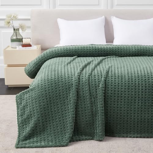 Soft Cozy Fuzzy Fleece Queen Size Blanket, Waffle Bronze Green, 90x90 Inches – Lightweight, Fluffy, and Warm 3D Jacquard All-Season Blanket for Bed, Couch, Sofa, Camping, and Travel - color: Waffle Bronze Green, size: Queen (90" x 90")
