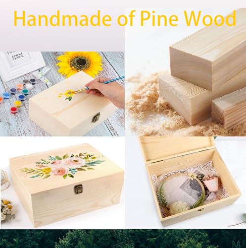 Wooden Box with Hinged Lid - 8x6x3 Inch Unfinished Wood Box for Crafts DIY | Plain Natural Solid Pine Storage Box with Clasp for Jewelry, Art Supplies, Keepsake Desk Organization and Gift Decor