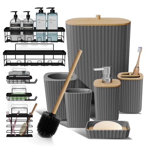 Clara Clark Bathroom Set - Grey Bathroom Accessories Set, 6PC Bathroom Accessory Set, Bathroom Sets with Adhesive Corner Shower Caddy Hanging, Toilet Brush, Trash Can & Soap Dispenser - color: Grey, size: Complete Set + Shower Caddy