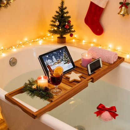 Utoplike Teak Bathtub Caddy, Expandable Bath Table Tray for Tub | Solid Wooden Bathtub Organizer with Book Tablet, Wine Glass Cup, Towel Holder, Adjustable