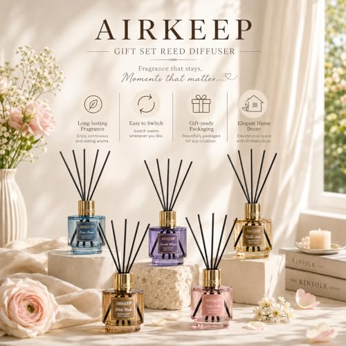 Reed Diffuser Set with Refill & 8 Reed Sticks, 6.96 fl oz Ocean Air Home Fragrance, Long Lasting Aromatherapy Diffuser for Bedroom, Bathroom & Living Room