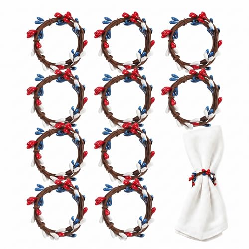 10 Pack Patriotic Napkin Rings for 4th of July Table Decorations, Red White and Blue Napkin Holder Set for Independence Day, USA Flag Theme Table Settings and Memorial Day Decor