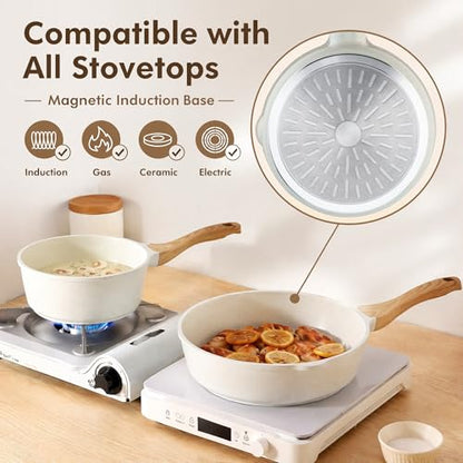 SENSARTE Nonstick Ceramic Cookware Set, 13-pcs Non-toxic Pots and Pans Set | Healthy Kitchen Cooking Set with Stay-Cool Handles, Silicone Tools and Pot Protectors, PFAS Free - color: White