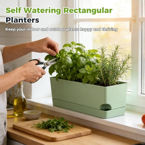 2 Pack Self Watering Pots for Indoor Plants 17 Inches Window Boxes Planters Rectangular Flower Pots Rectangle Herb Pots Large Plant Pots with Drainage Holes and Saucers Windowsill Planter, Green - color: Green