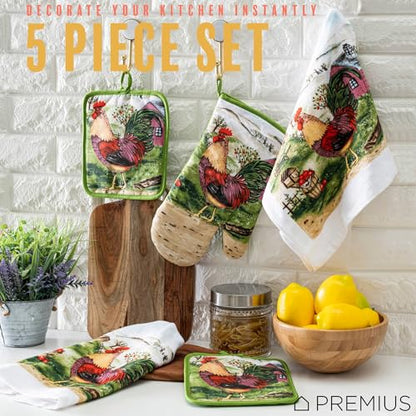 5 Piece Printed Kitchen Linen Set, 2 Cotton Towels, 2 Potholders, 1 Oven Mitt with Hanging Loop, 100% Cotton Material on Front & Polyester Backing, Kitchen Gadget (Rooster) - color: Rooster