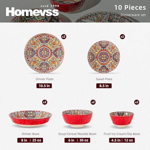 Boho 10 Pieces Dinnerware Sets, Plates and Bowls Set, Porcelain Dishes Set for 2, Microwave and Dishwasher Safe, Scratch Resistant, Bohemian Style Dining Ware, Red - color: Red