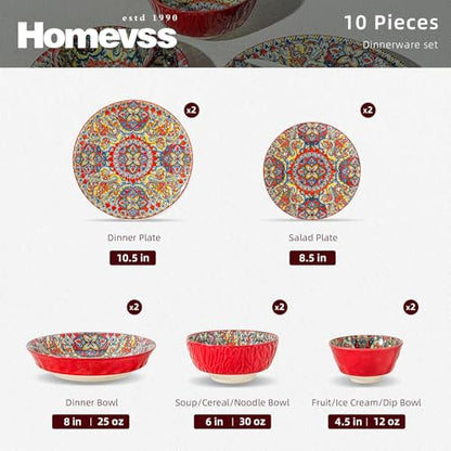 Boho 10 Pieces Dinnerware Sets, Plates and Bowls Set, Porcelain Dishes Set for 2, Microwave and Dishwasher Safe, Scratch Resistant, Bohemian Style Dining Ware, Red - color: Red