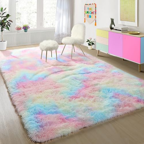 4x6 Rainbow Fluffy Soft Plush Area Rugs for Girls Bedroom, Shaggy Vibrant Rugs for Kids Playroom,Kawaii Princess Fuzzy Rugs for Nursery Baby Toddler,Cute Colorful Room Decor for Teenage - color: 1- Rainbow, size: 4' x 6' (Rectangular)