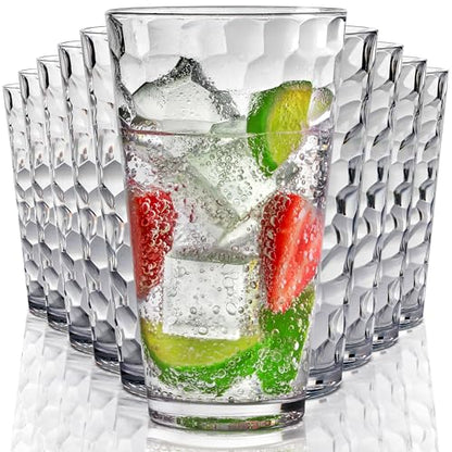 Bravario Hammered Plastic Drinking Glasses Set of 10-22 oz Clear Reusable Cups, Durable Dishwasher Safe Highball Tumblers, Stackable BPA & EA-Free - size: Tall - Set of 10