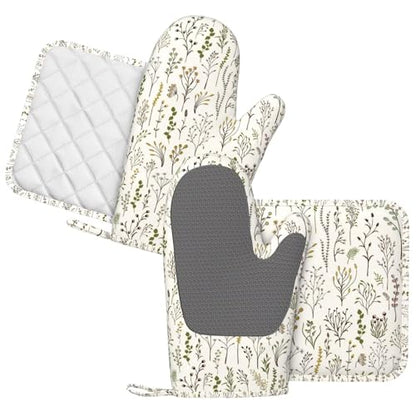 Colorful Wildplants Oven Mitts and Pot Holders Sets Silicone Wildflowers Kitchen Oven Mitts Hot Pads Heat Resistant Beige Potholders Kitchen Mitts Set for Baking BBQ Cooking - color: Beige Yellow