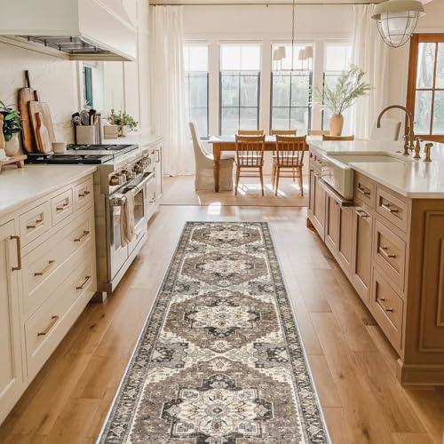 Washable Kitchen 2x10 Runner Rug: Non-Slip Hallway Rugs Indoor Soft Low Pile Stain Resistant Carpet for Bedroom Entryway Ultra-Thin Vintage Home Decor Floor Mat for Bathroom (Beige/Blue/Grey, 2 x 10) - color: Beige, size: 2' x 10' (Runner)