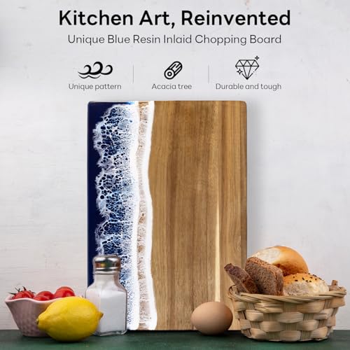 Charcuterie Acacia Wood Resin Spliced Board Resin Wave Pattern Cutting Board Cheese Meat Vegetable Steak Cutting Boards Serving Board (Blue) - color: Blue