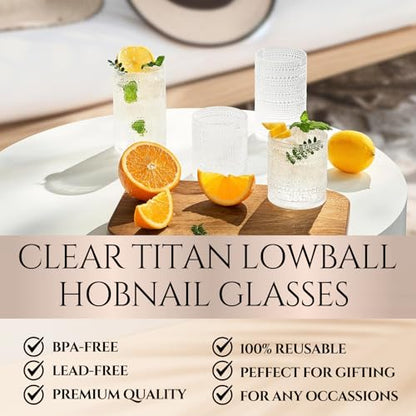 Plastic Hobnail Drinking Glasses Set of 6 Tritan Lowball Cups 10oz, Shatterproof & Unbreakable Acrylic Beaded Design, BPA-Free, Dishwasher Safe Indoor/Outdoor Drinkware for Water, Juice, Cocktails - color: Clear