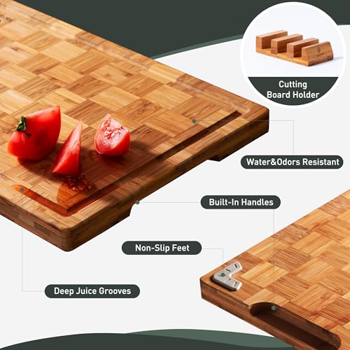3 Pack Heavy Duty Bamboo Cutting Board Set Non Toxic Wooden Cutting Board for Kitchen Non Slip Solid End Grain Thick Wood Juice Groove Chopping Board Extra Large Butcher Block Best House Warming Gift - size: Multiple Sizes (Set of 3)