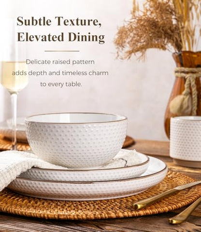 GBHOME Stoneware Dinnerware Set for 4, 12 piece Farmhouse Plates and Bowls | Elegant Embossed Ceramic Dish Set, Scratch Resistant, Microwave & Dishwasher Safe, Off white - color: Off White-Mixed Texture