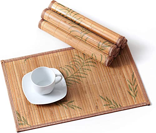 LOVECASA Placemats Set of 6, Bamboo Table Mats Set with Leaf Pattern, 18'' × 12'' Woven Placemat, Washable Heat-Resistant Place Mats for Kitchen, Brown Leaf - color: Brown