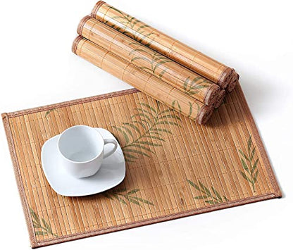 LOVECASA Placemats Set of 6, Bamboo Table Mats Set with Leaf Pattern, 18'' × 12'' Woven Placemat, Washable Heat-Resistant Place Mats for Kitchen, Brown Leaf - color: Brown