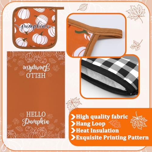 Leinuosen 6 Pack Fall Thanksgiving Kitchen Set with 2 Hello Pumpkin Dish Towels, 2 Pot Holders and 2 Buffalo Plaid Oven Mitts for Gifting, Baking and Cooking - color: Rich Color, style: Pumpkin