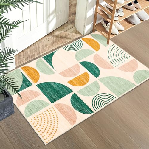 Green Small Rug Washable,Boho Area Rugs Non Slip Modern Abstract | Machine Washable Throw Carpet for Entryway Bathroom Entry Entrance Bedroom Kitchen Soft Low Pile Floor Indoor 2x3 Sage Green - color: Green and Yellow, size: 2' x 3' (Rectangular)