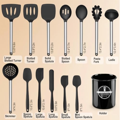 14PCS Kitchen Silicone Cooking Utensils Set with Holder | Heat Resistant, Food-grade Silicone and Stainless Steel, Spatula Set for Nonstick Cookware, Dishwasher Safe,Flexible,Durable