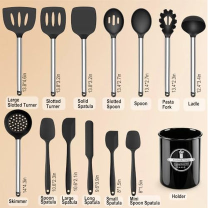 14PCS Kitchen Silicone Cooking Utensils Set with Holder | Heat Resistant, Food-grade Silicone and Stainless Steel, Spatula Set for Nonstick Cookware, Dishwasher Safe,Flexible,Durable