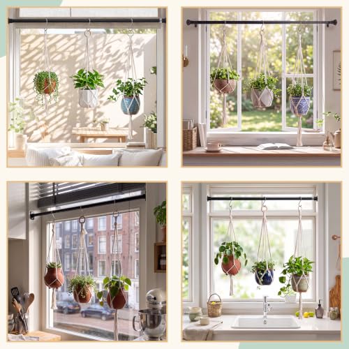 22 Pcs Window Hanging Plant Holder Set Boho Hoom Decor, No Drilling | 10 Adjustable Macrame Plant Hangers 3 Sizes(23.6"/31"/37"), 2 Expandable Spring Tension Rods 27.5''-47'' and 10 S Hooks