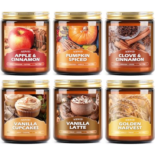 AOOVOO Fall Candles Set - 6 Pack Candles for Home Scented, 42 oz Natural Soy Wax 300 Hour Long Lasting, Fall Fragrance of Pumpkin/Apple Cinnamon/Clove/Vanilla Cupcake/Latte Cupcake/Wheat Vanilla - color: Fall Candles, size: Pack of 6