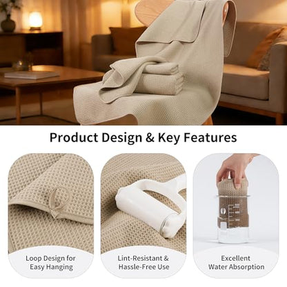 MICROFI Waffle Weave Bath Towel Set, Microfiber, 4 Pieces (Body/Hair/Hand/Face), Quick Dry, Lightweight, Super Absorbent, Lint Free, 380 GSM (Beige) - color: Beige