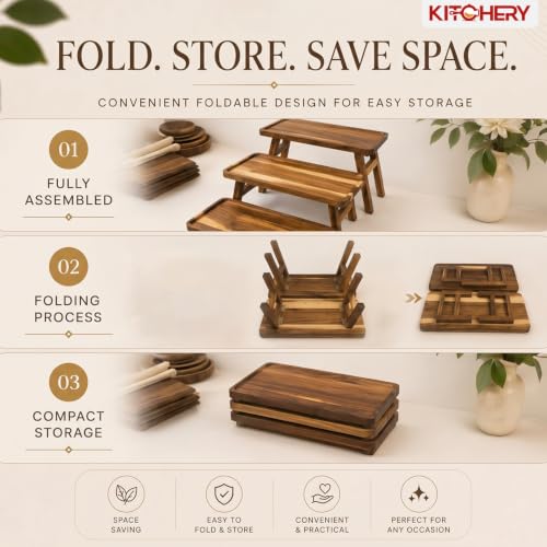 3 Tier Foldable Serving Tray, Acacia Wood Tiered Serving Stand for Parties, Lightweight Wooden Dessert Table Display Set for Charcuterie, Fruit, Cupcakes, Appetizers, Brown
