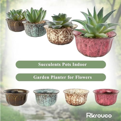 Ceramic Plants Pots 3 Inch Set of 4 Flower Pots with Drainage and Bamboo Tray for Indoor/Outdoor Small House Plants,Foliage Plant - style: Set 3