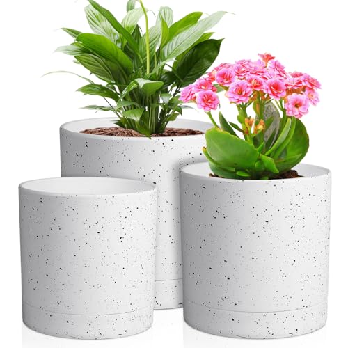 Meowell 6/5/4 inch Plant Pots, 3 Pack Cylinder Flower Pots for Small Indoor Outdoor Plants, Plastic Planters with Drainage Holes and Saucers for Garden Succulent House Plants, Speckled White - color: Speckled White, size: 6"+5"+4"