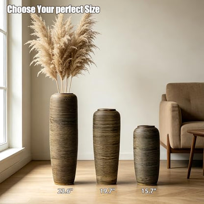 Brown Rustic Ceramic Floor Vase, 24 Inch, Ribbed Texture | Living Room, Entryway, Fireplace, Pampas Grass, Dried Branches - size: 23.6 Inch