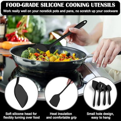 HaWare 14 PCS Silicone Cooking Utensils Set, Kitchen Utensils, Black - color: Black