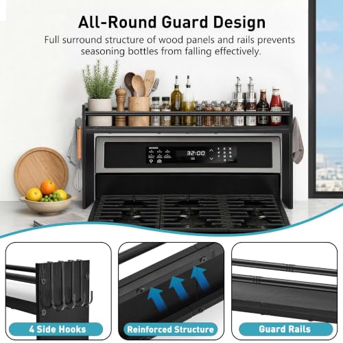 Noodle Board Stove Cover and Over the Stove Spice Rack Combo Set | Expands Countertop Space, Stove Top Cover Used as Serving Tray, Sink Cover, Spice Shelf with 4 Hooks, Farmhouse Decor, Black - color: Set - Black