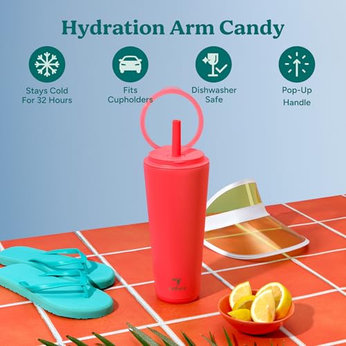 REDUCE Halo 32 oz Stainless Steel Vacuum Insulated Tumbler - Spill Proof Travel Mug with Flip Handle Lid - Keeps Drinks Cold for 32 Hrs - Dishwasher Safe - Cupholder Friendly - Daquiri - color: Daquiri, size: 32 Ounces