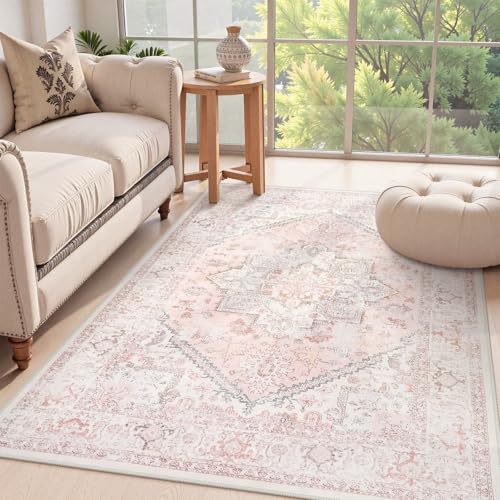 LIVEBOX Area Rug Pink 4x6 - Oriental Floral Bedroom Rug Vintage Low-Pile Indoor Rugs for Kids Room, Non-Shedding Retro Carpet, Accent Rugs for Kitchen Entryway Office Camper Pink - color: Medallion Pink, size: 4' x 6' (Rectangular)